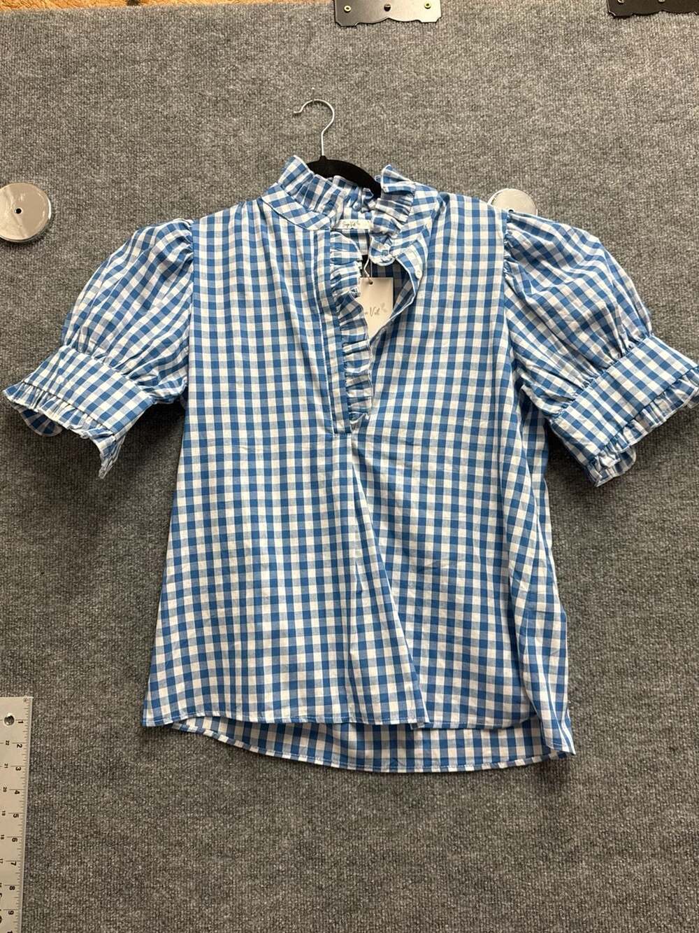 Sage Vell Blue Gingham Ruffle Neck Puff Sleeve Cotton Top